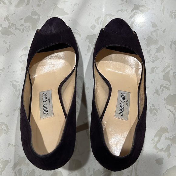 Jimmy Choo | Purple Suede Open Toe Pumps (8.5) - Picture 9 of 10